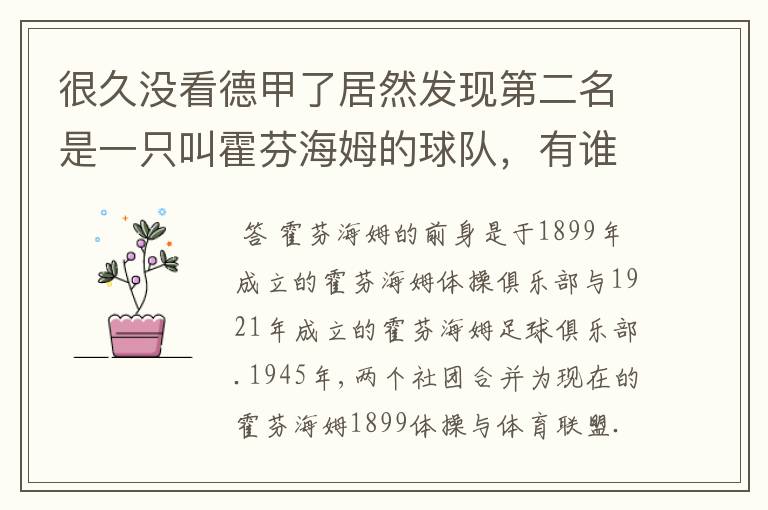 很久没看德甲了居然发现第二名是一只叫霍芬海姆的球队,有谁知道吗