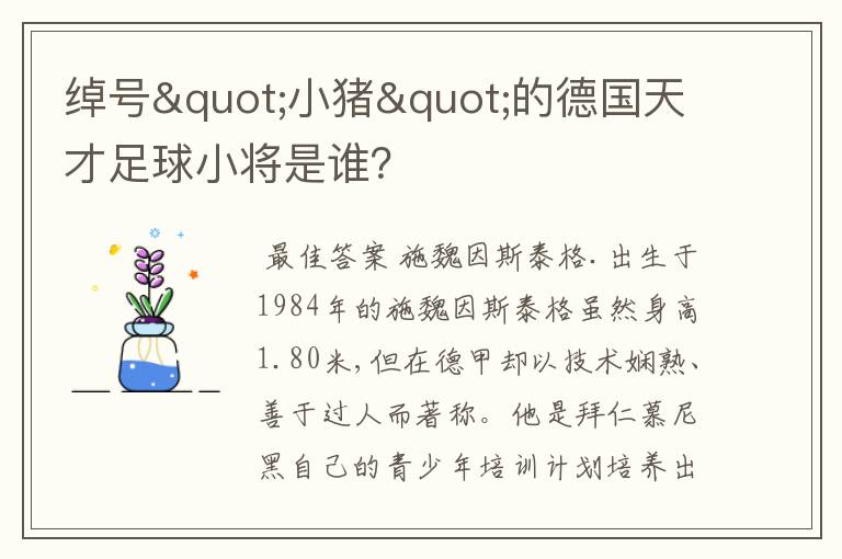 绰号"小猪"的德国天才足球小将是谁?