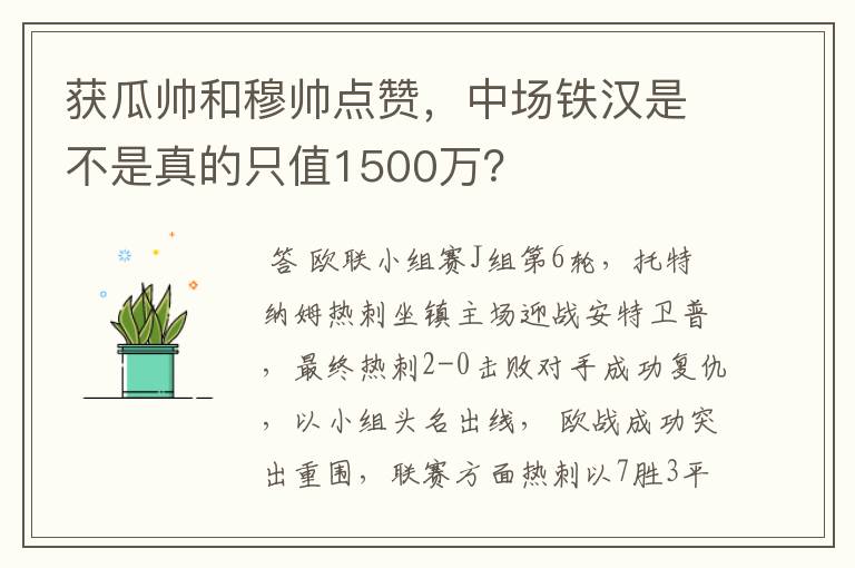 获瓜帅和穆帅点赞,中场铁汉是不是真的只值1500万?