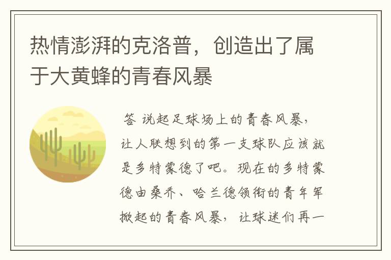 热情澎湃的克洛普,创造出了属于大黄蜂的青春风暴