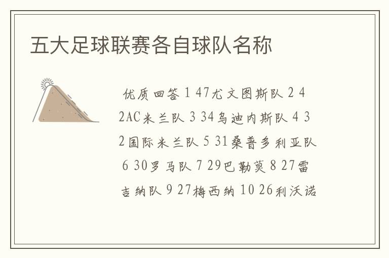 五大足球联赛各自球队名称