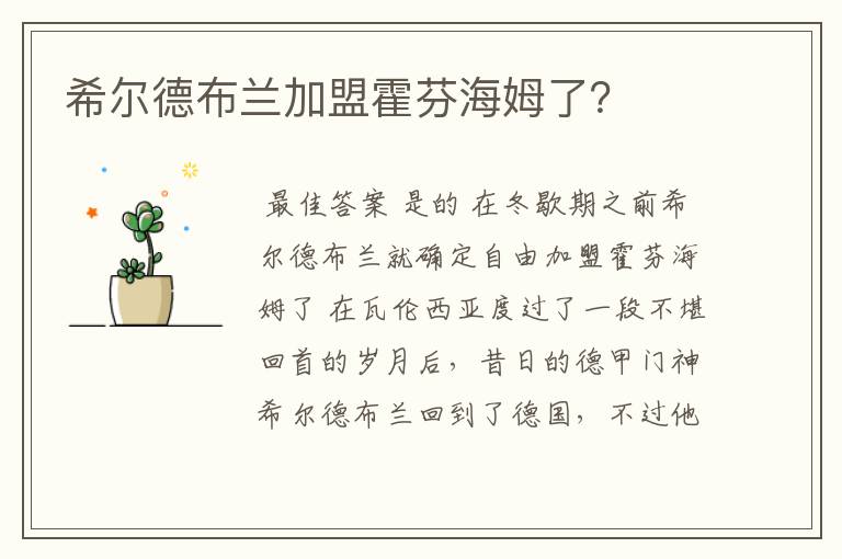 希尔德布兰加盟霍芬海姆了?