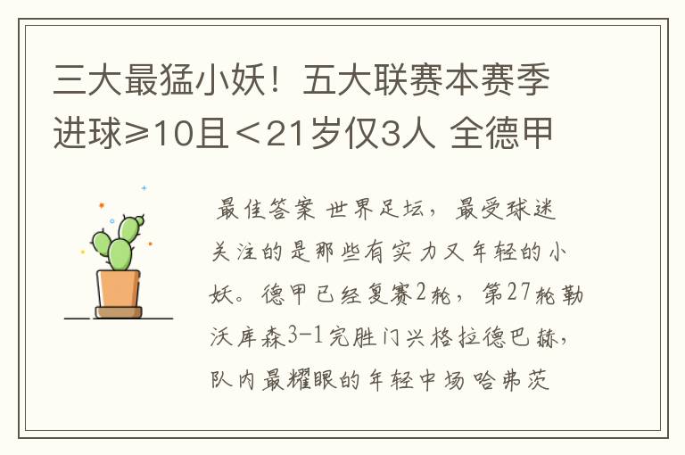 三大最猛小妖!五大联赛本赛季进球≥10且<21岁仅3人 全德甲制造