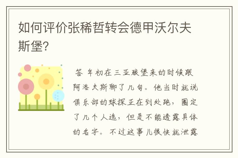 如何评价张稀哲转会德甲沃尔夫斯堡?