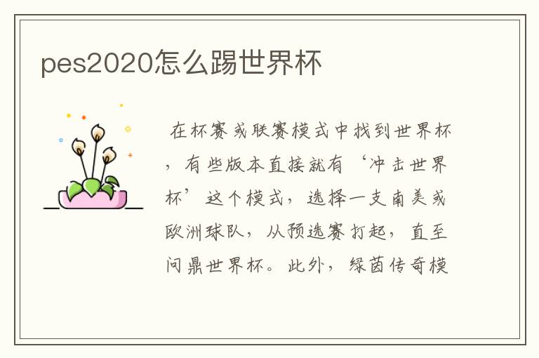 pes2020怎么踢世界杯