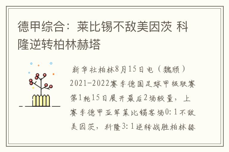 德甲综合:莱比锡不敌美因茨 科隆逆转柏林赫塔