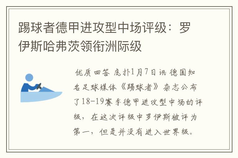 踢球者德甲进攻型中场评级:罗伊斯哈弗茨领衔洲际级
