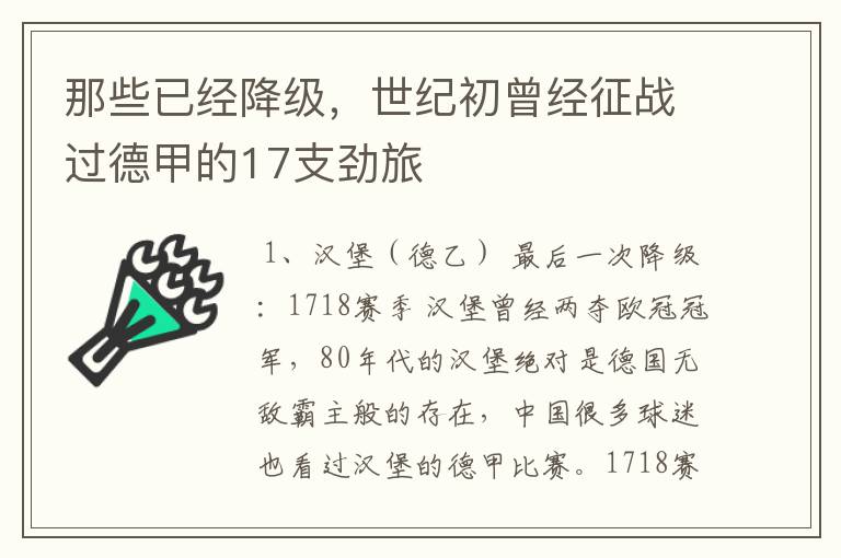 那些已经降级,世纪初曾经征战过德甲的17支劲旅