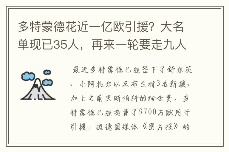 多特蒙德花近一亿欧引援?大名单现已35人,再来一轮要走九人