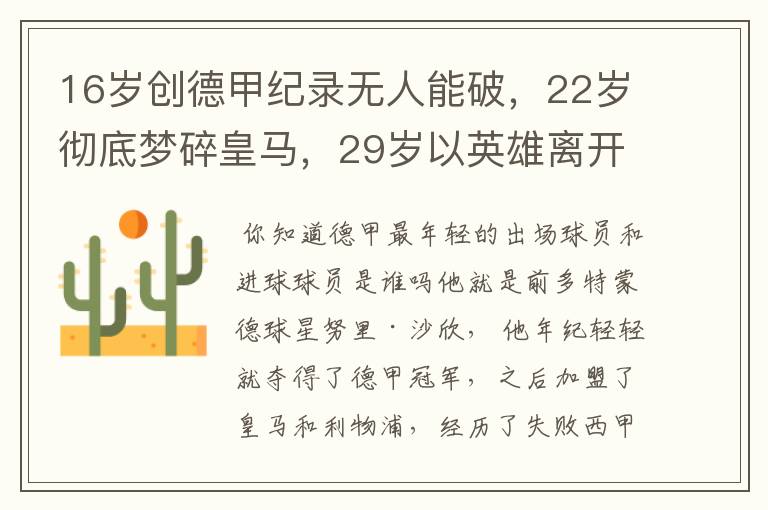 16岁创德甲纪录无人能破,22岁彻底梦碎皇马,29岁以英雄离开多特