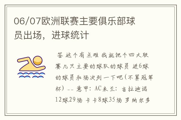 06/07欧洲联赛主要俱乐部球员出场,进球统计
