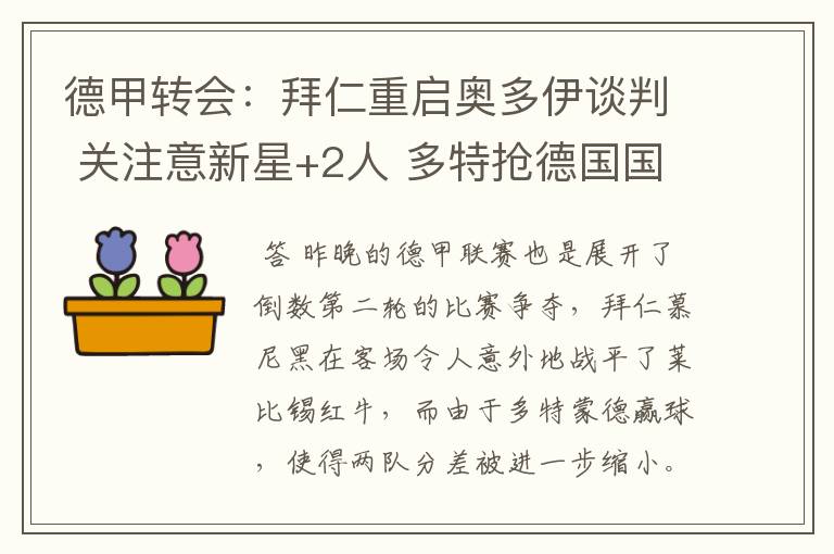 德甲转会:拜仁重启奥多伊谈判 关注意新星+2人 多特抢德国国脚