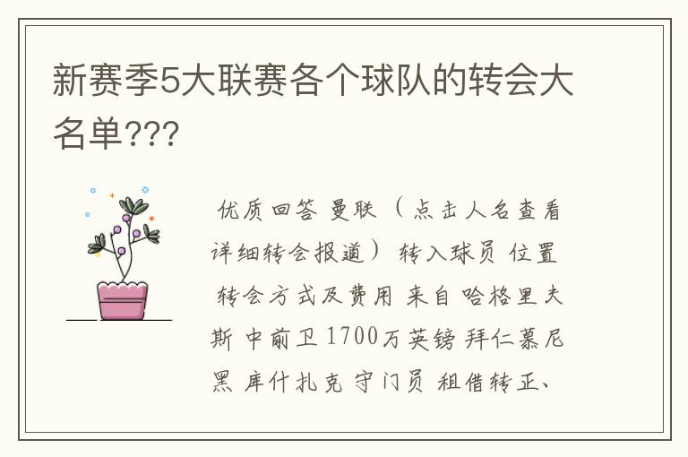 新赛季5大联赛各个球队的转会大名单???