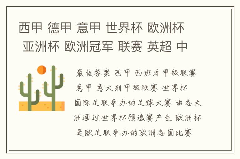 西甲 德甲 意甲 世界杯 欧洲杯 亚洲杯 欧洲冠军 联赛 英超 中超 分别是什么意思啊?