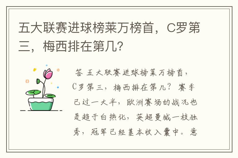 五大联赛进球榜莱万榜首,C罗第三,梅西排在第几?