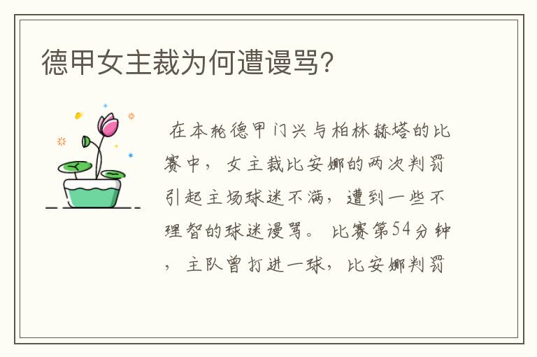 德甲女主裁为何遭谩骂?
