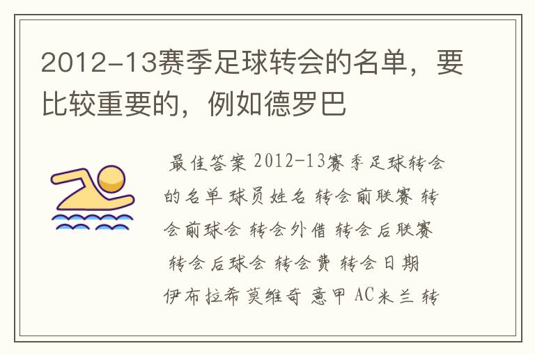 2012-13赛季足球转会的名单,要比较重要的,例如德罗巴