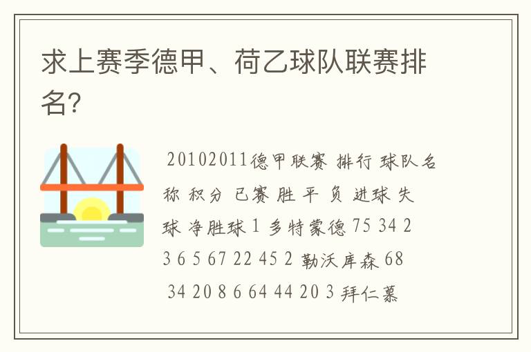 求上赛季德甲、荷乙球队联赛排名?