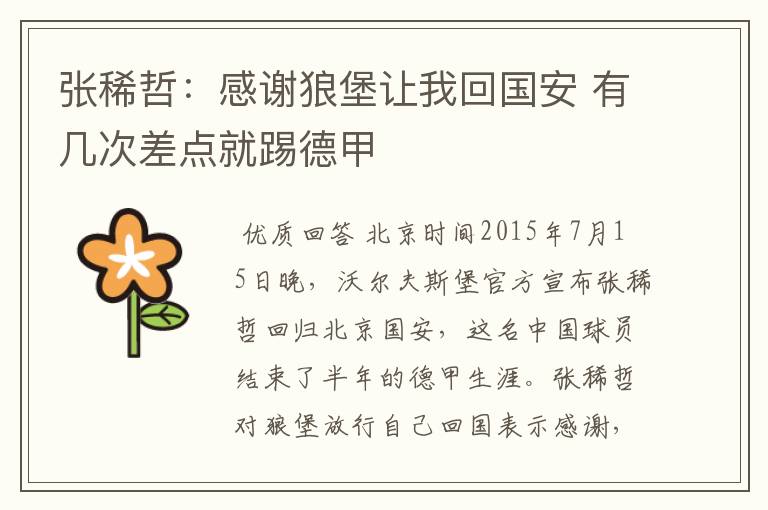 张稀哲:感谢狼堡让我回国安 有几次差点就踢德甲