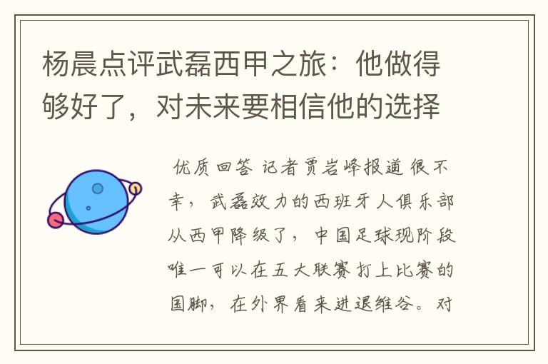 杨晨点评武磊西甲之旅:他做得够好了,对未来要相信他的选择