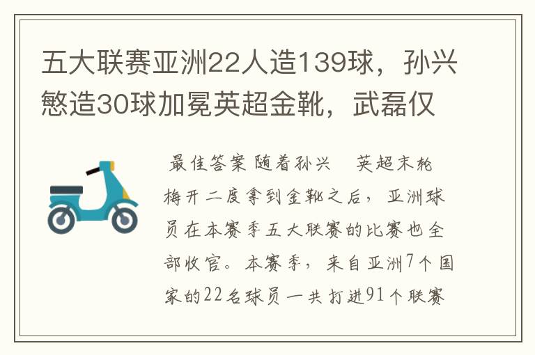 五大联赛亚洲22人造139球,孙兴慜造30球加冕英超金靴,武磊仅1球