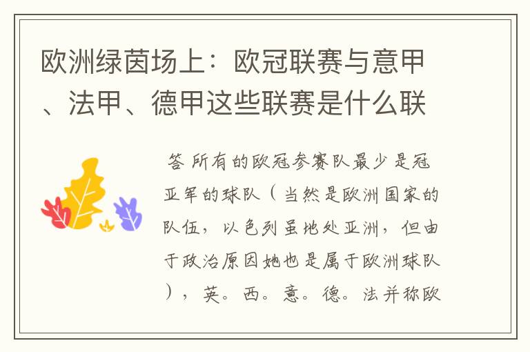 欧洲绿茵场上:欧冠联赛与意甲、法甲、德甲这些联赛是什么联系呢?