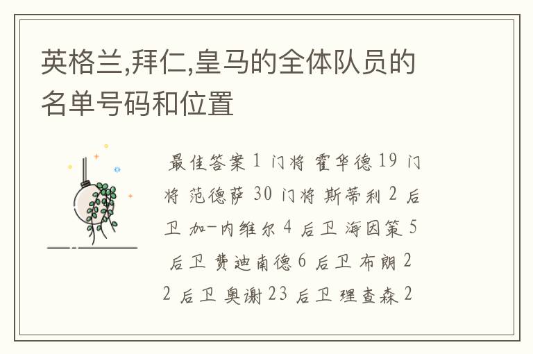 英格兰,拜仁,皇马的全体队员的名单号码和位置