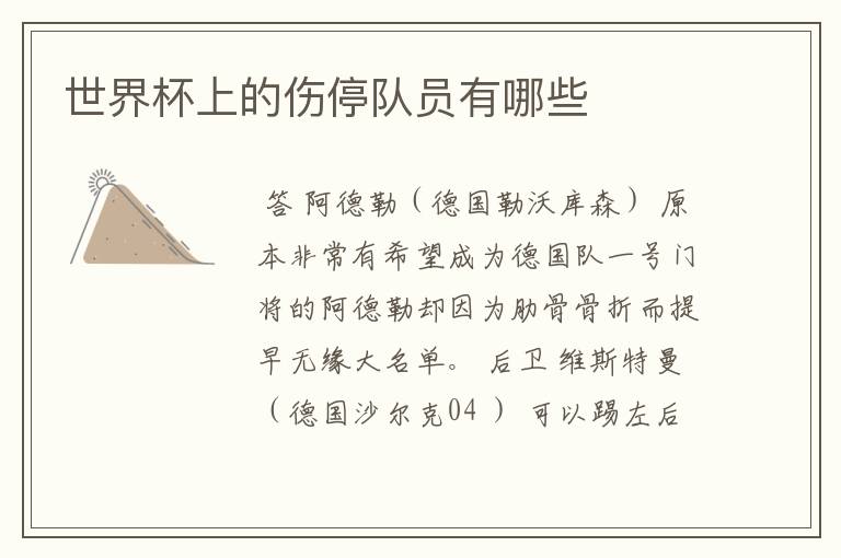 世界杯上的伤停队员有哪些