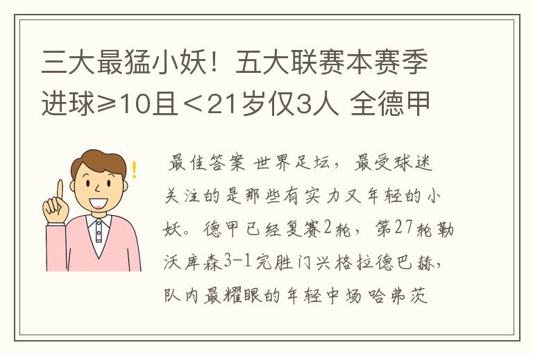 三大最猛小妖!五大联赛本赛季进球≥10且<21岁仅3人 全德甲制造