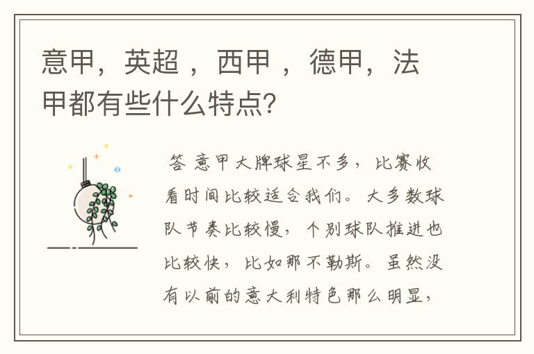 意甲,英超 ,西甲 ,德甲,法甲都有些什么特点?