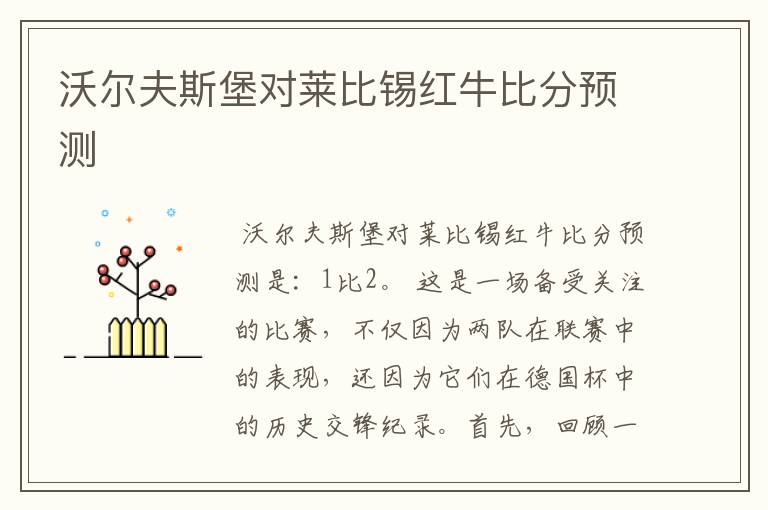 沃尔夫斯堡对莱比锡红牛比分预测