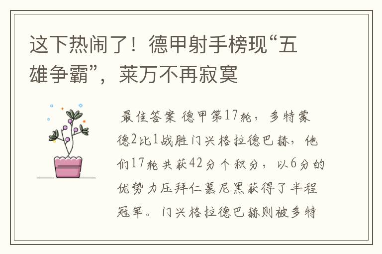 这下热闹了!德甲射手榜现“五雄争霸”,莱万不再寂寞
