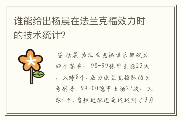 谁能给出杨晨在法兰克福效力时的技术统计?