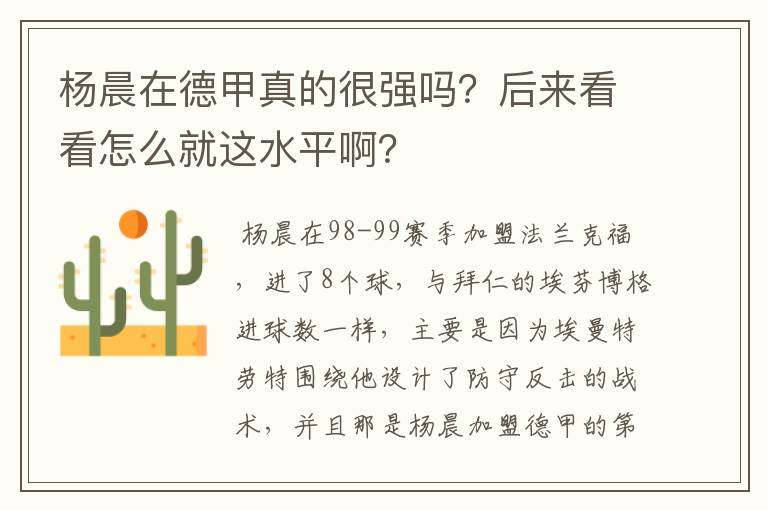 杨晨在德甲真的很强吗?后来看看怎么就这水平啊?