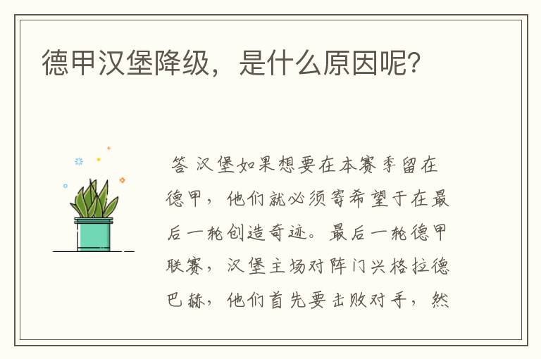 德甲汉堡降级,是什么原因呢?