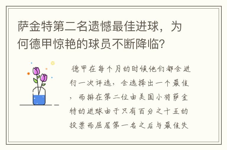 萨金特第二名遗憾最佳进球,为何德甲惊艳的球员不断降临?