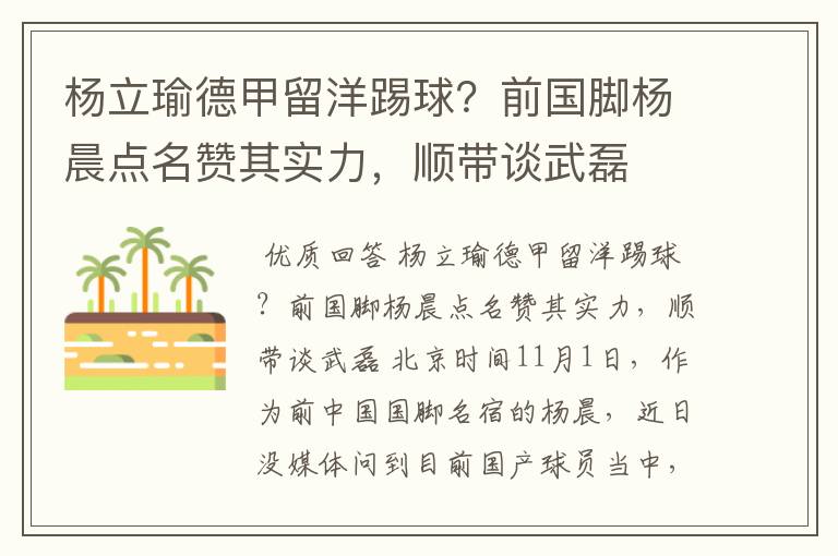 杨立瑜德甲留洋踢球?前国脚杨晨点名赞其实力,顺带谈武磊