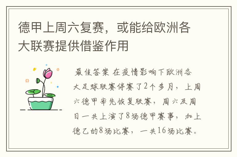 德甲上周六复赛,或能给欧洲各大联赛提供借鉴作用