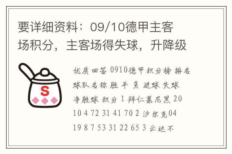 要详细资料:09/10德甲主客场积分,主客场得失球,升降级的球队。