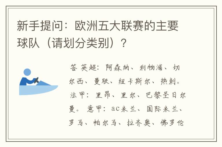 新手提问:欧洲五大联赛的主要球队(请划分类别)?