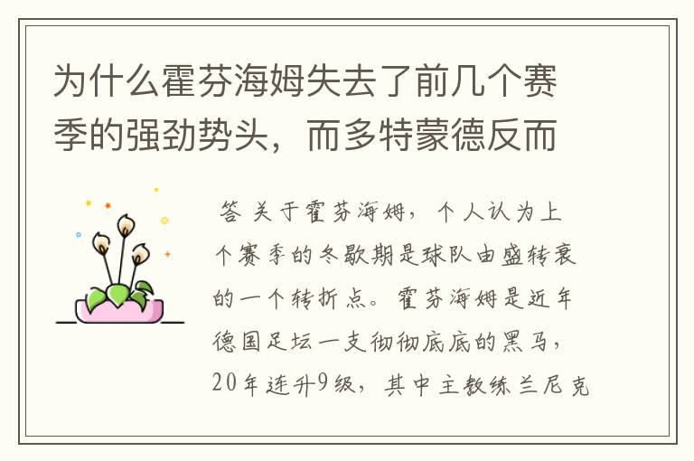 为什么霍芬海姆失去了前几个赛季的强劲势头,而多特蒙德反而成了一匹黑马,还夺得了冠军?