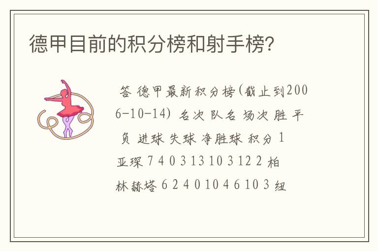 德甲目前的积分榜和射手榜?