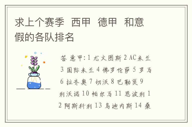 求上个赛季 西甲 德甲 和意假的各队排名