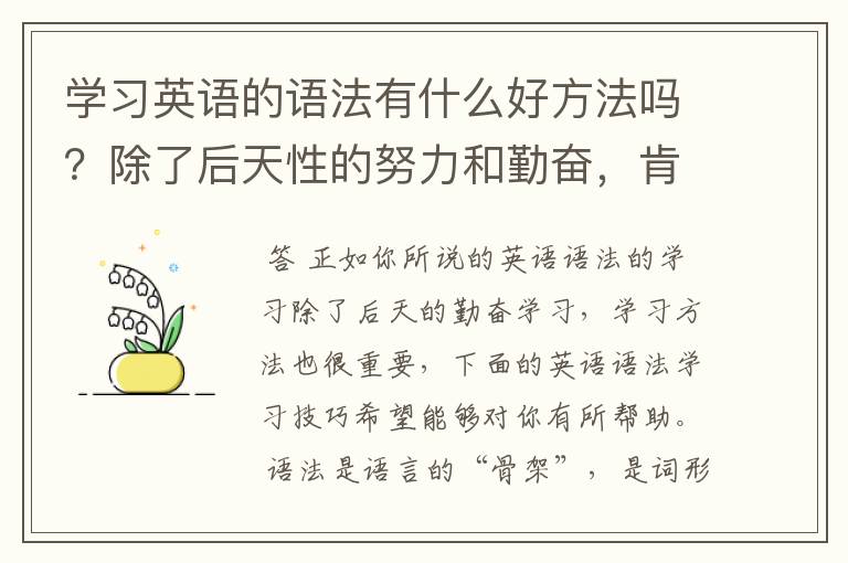 学习英语的语法有什么好方法吗?除了后天性的努力和勤奋,肯定有一大部分也有占着方法的比例,希望你们可