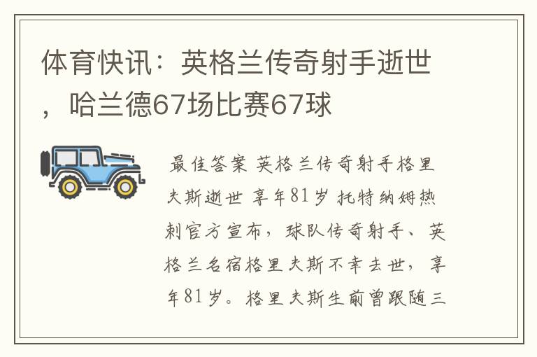 体育快讯:英格兰传奇射手逝世,哈兰德67场比赛67球