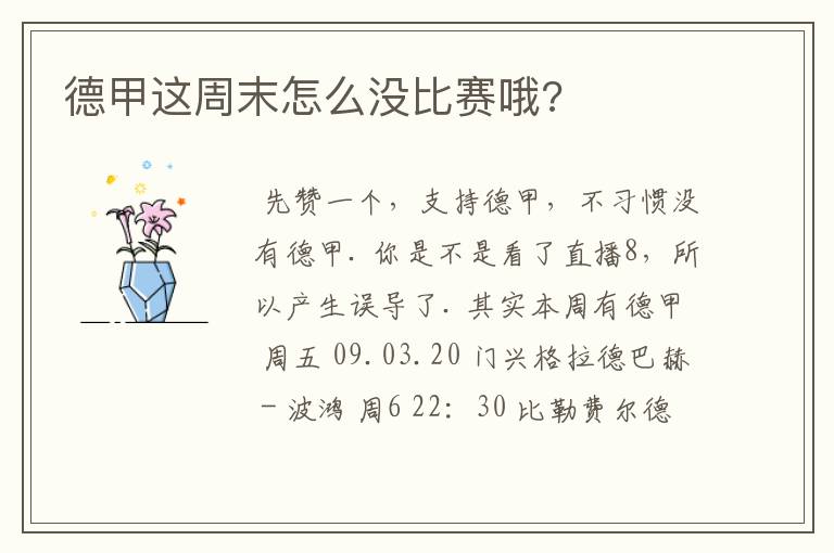德甲这周末怎么没比赛哦?