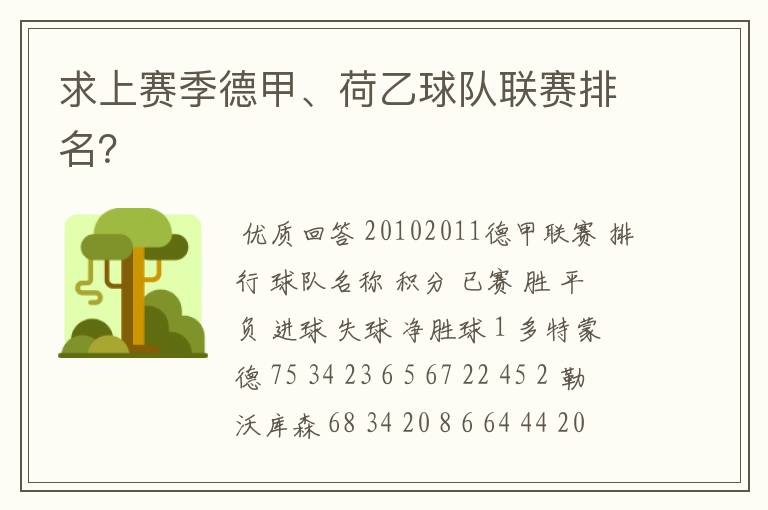 求上赛季德甲、荷乙球队联赛排名?