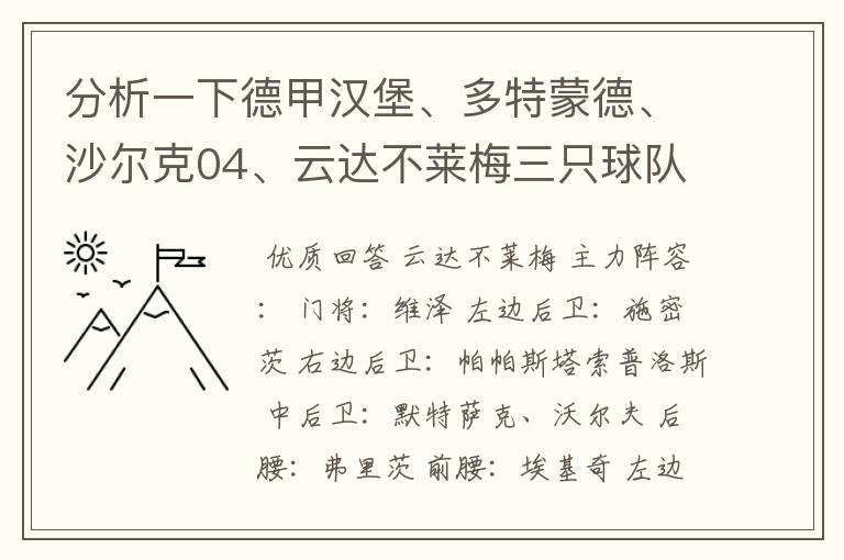 分析一下德甲汉堡、多特蒙德、沙尔克04、云达不莱梅三只球队的人员打法和阵型
