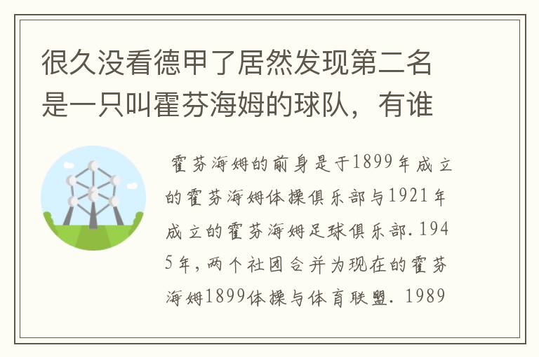 很久没看德甲了居然发现第二名是一只叫霍芬海姆的球队,有谁知道吗