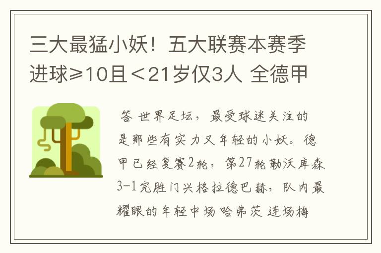 三大最猛小妖!五大联赛本赛季进球≥10且<21岁仅3人 全德甲制造